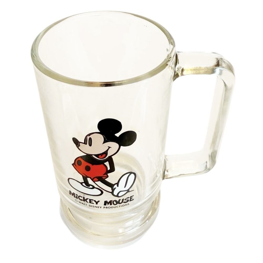 Vintage 1970’s Disney Mickey Mouse Heavy Clear Glass Mug Footed Bottom
